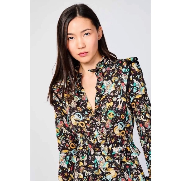 NEW ZADIG VOLTAIRE Circus Print Long Sleeve Tie Cuff Ruffled Button Up Dress XS - Picture 4 of 16